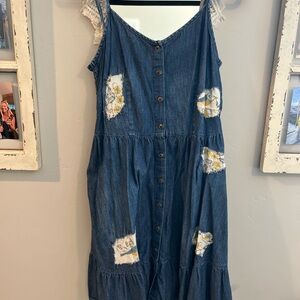 Denim Button-Down Dress with Floral Patches